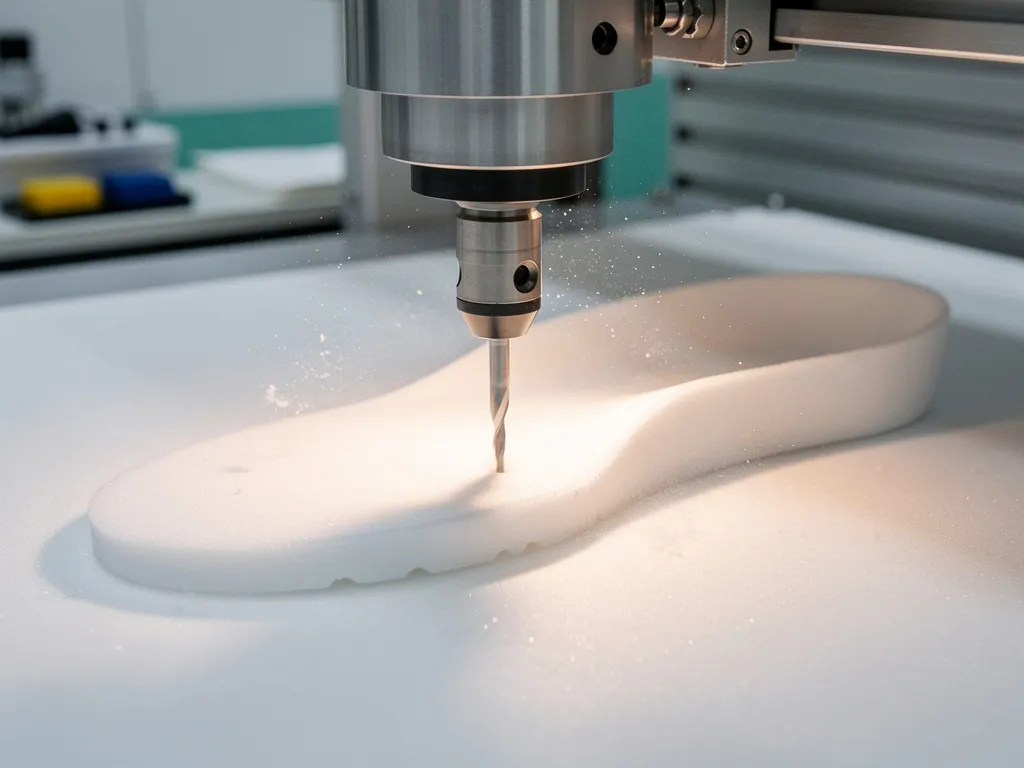 CNC-freesmachine snijdt een op maat gemaakt orthopedisch inlegzool uit wit schuimmateriaal, met fijn stof in de lucht.
