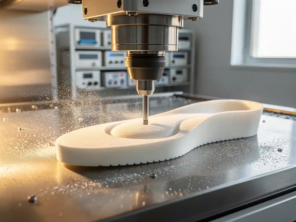 CNC-freesmachine snijdt op maat gemaakt orthopedisch inlegzool uit wit schuimblok, stofdeeltjes zweven in de lucht.