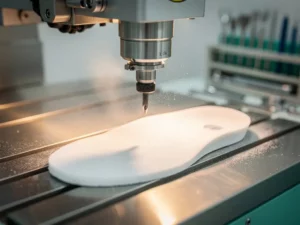 CNC-freesmachine snijdt op maat gemaakt orthopedisch inlegzool uit medisch schuim, fijnstof zichtbaar in de lucht.