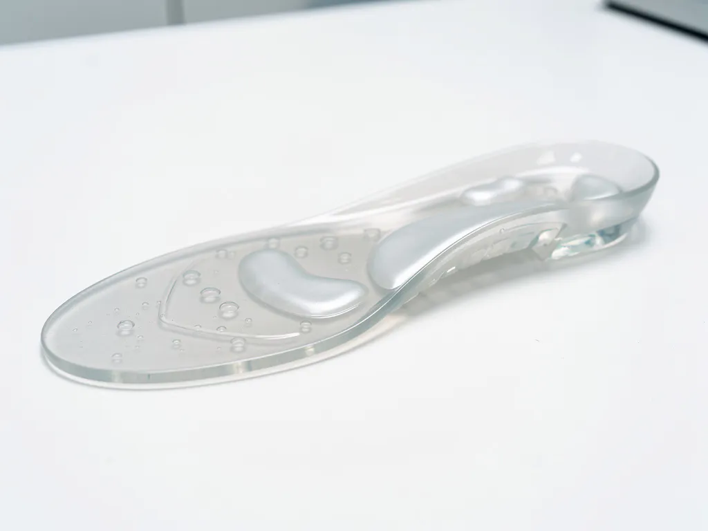 Transparante gel inlegzool op wit klinisch oppervlak, met zichtbare luchtzakjes onder de gewelfondersteuning.