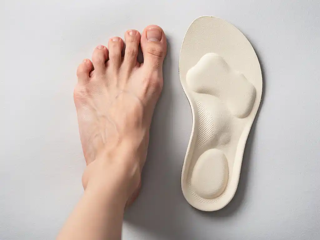 Blote voet naast een op maat gemaakte orthopedische inlegzool op een witte medische ondergrond, bovenaanzicht.