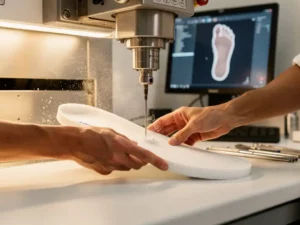 Orthopedisch technicus stuurt CNC-freesmachine bij het uitsnijden van een op maat gemaakt inlegzool uit wit schuimmateriaal.