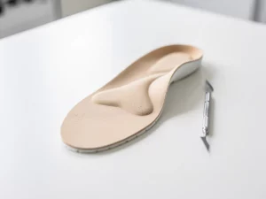Op maat gemaakte orthopedische inlegzool met zichtbare gewelfondersteuning en schuimtextuur, naast precisietool op witte ondergrond.