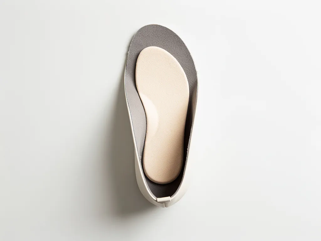 Orthopedische inlegzolen in een open minimalistische schoen op wit oppervlak, bovenaanzicht met zachte natuurlijke belichting.