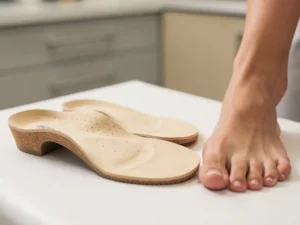 Orthopedische inlegzolen met gebogen voetboogondersteuning naast een blote voet op een witte ondergrond.