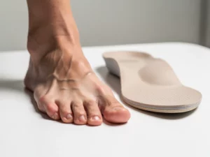 Blote voet met vlak voetgewelf naast een orthopedische inlegzool op een witte klinische ondergrond.