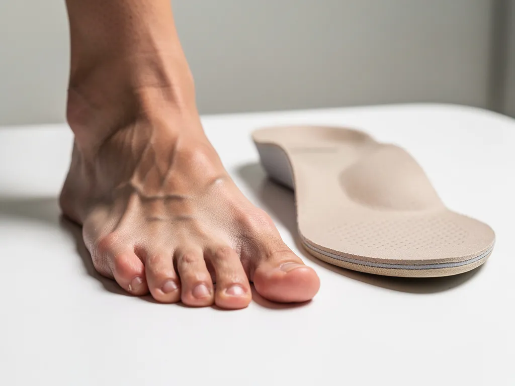 Blote voet met vlak voetgewelf naast een orthopedische inlegzool op een witte klinische ondergrond.