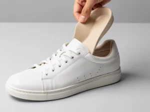 Beige orthopedische inlegzolen die in een te ruime witte leren sneaker worden geplaatst, op een lichtgrijze ondergrond.