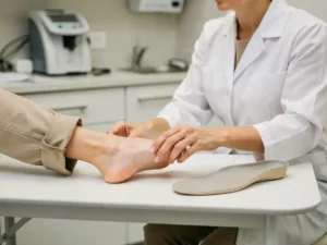 Huisarts onderzoekt blote voet van patiënt in spreekkamer, met orthopedische inlegzolen op de onderzoektafel.