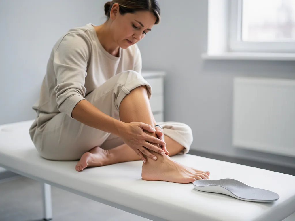 Persoon op witte bank die voet vasthoudt met subtiel ongemak, naast een orthopedische inlegzool, klinische omgeving.