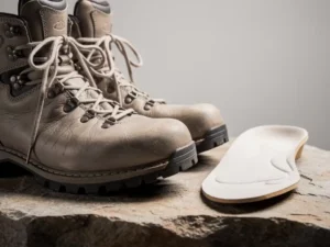 Versleten wandelschoenen op een stenen ondergrond naast een anatomische inlegzool met zichtbare gewelfondersteuning.