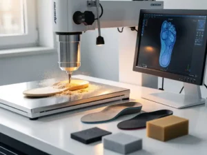 CAD-CAM freesmachine snijdt een orthopedische inlegzool op een klinische werkbank, met 3D-voetscan op monitor en materiaaltesten.