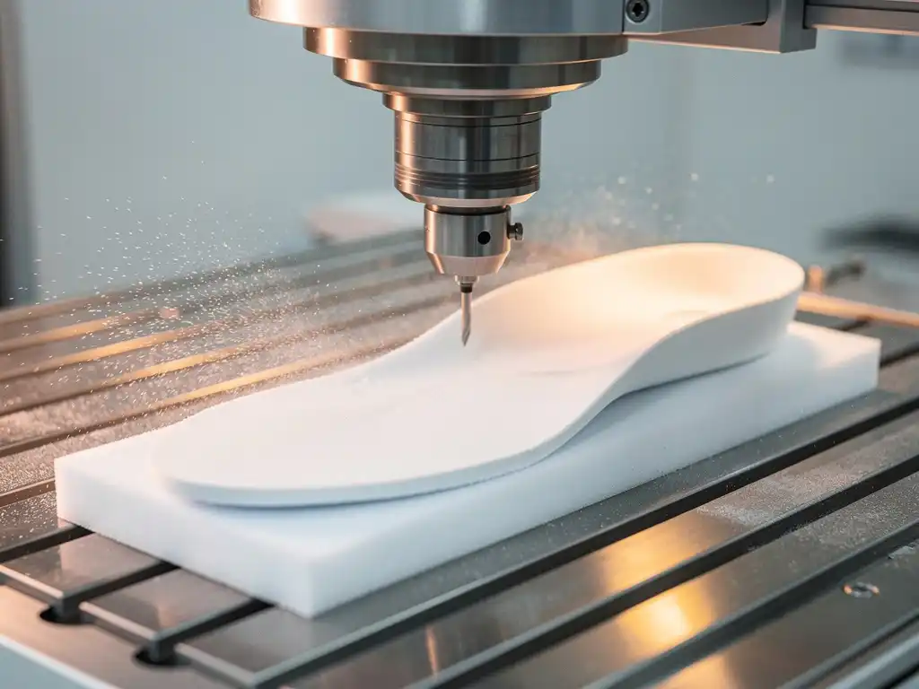 CNC-freesmachine snijdt op maat gemaakt orthopedisch inlegzool uit wit schuimblok, fijn stof zichtbaar in klinisch licht.