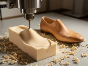 CNC-freesmachine snijdt orthopedische leest uit EVA-schuimblok, krullende spaanders op werkbank, afgewerkte leest op achtergrond.