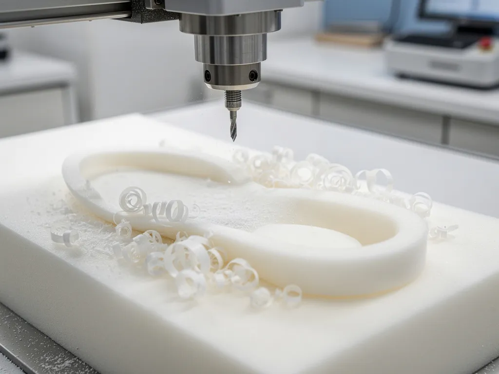 CNC-freesmachine snijdt een orthopedische inlegzool uit wit EVA-schuim, met krullende schuimresten rond het snijgereedschap.