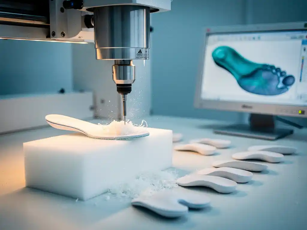 CNC-freesmachine snijdt op maat gemaakt orthopedisch inlegzool uit wit schuimblok op klinische werktafel.