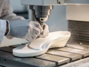Gehandschoende technicus reinigt de snijkop van een medische CNC-freesmachine, met fijn orthopedisch stof en een gefreesde inlegzoolblank zichtbaar.