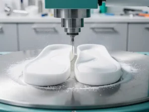 CNC-freesmachine snijdt twee identieke orthopedische inlegzolen uit wit schuimmateriaal, met fijn stof in de lucht.