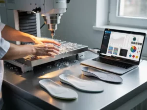 Technieker bedient CNC-freesmachine voor orthopedische inlegzolen, laptop met remote desktop en natuurlijk zijlicht op de achtergrond.