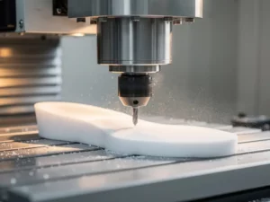 CNC-freesmachine snijdt een orthopedische inlegzool uit wit EVA-schuimblok, met fijn stof in de lucht van een klinische werkplaats.