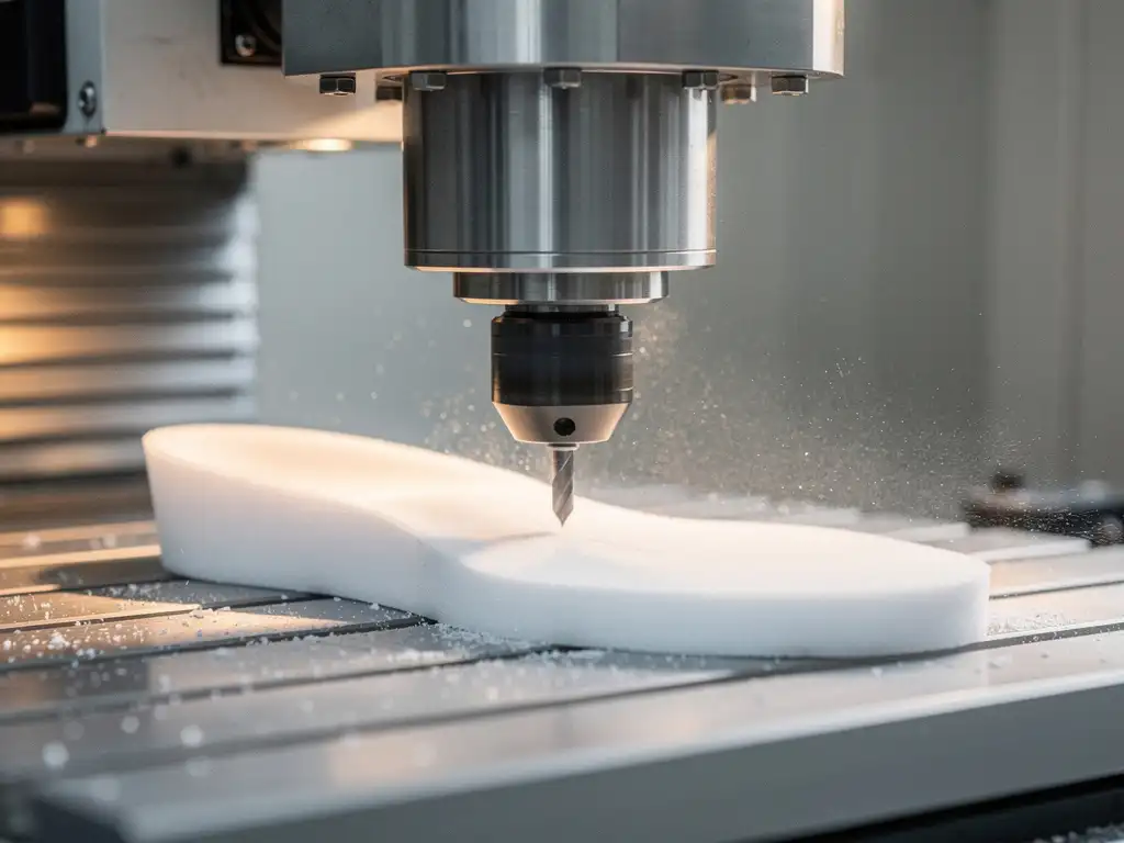 CNC-freesmachine snijdt een orthopedische inlegzool uit wit EVA-schuimblok, met fijn stof in de lucht van een klinische werkplaats.