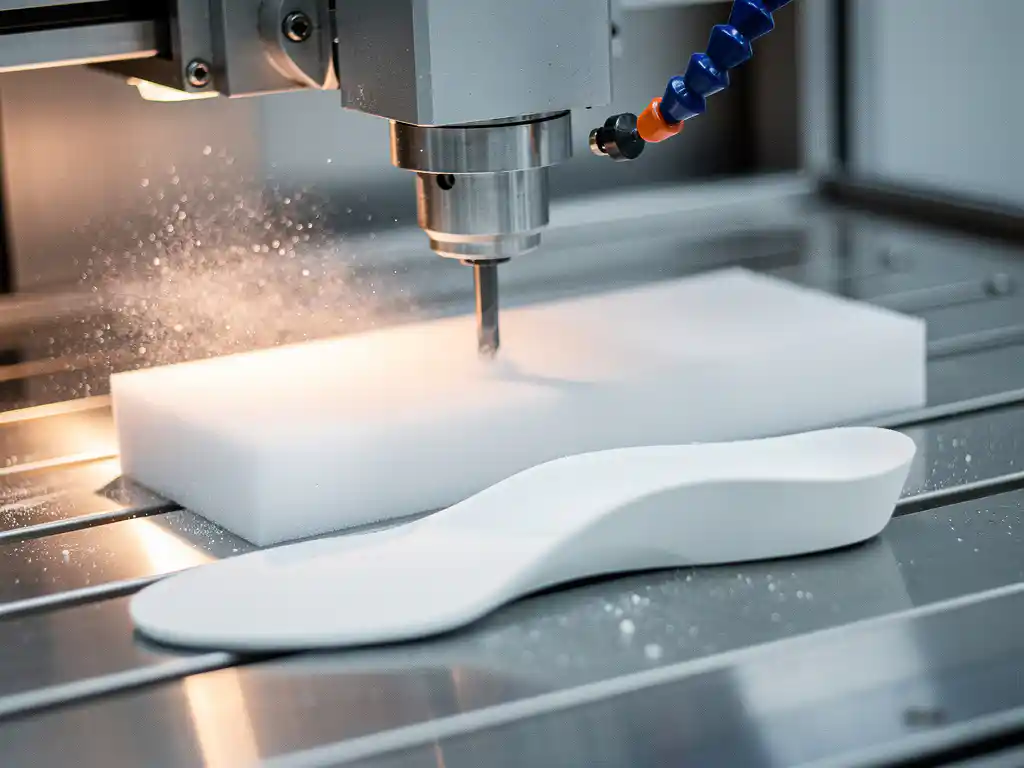 CNC-freesmachine snijdt orthopedische inlegzool uit wit EVA-schuimblok, afgewerkte zool op roestvrijstalen ondergrond.