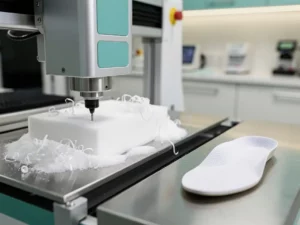 CNC-freesmachine snijdt een orthopedische inlegzool uit wit EVA-schuim, met een afgewerkte maatwerkzool op roestvrijstalen ondergrond.