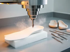 CNC-freesmachine snijdt op maat gemaakt orthopedisch inlegzool uit wit EVA-schuim, met fijn stof in de lucht.