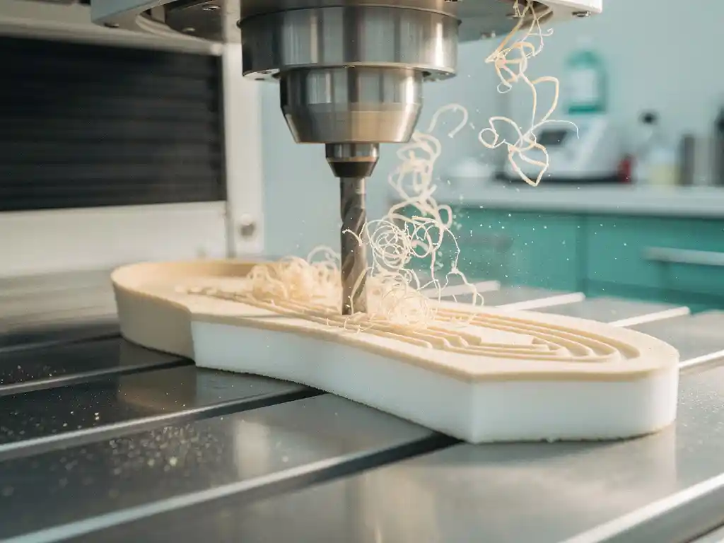 CNC-freesmachine snijdt op maat gemaakt orthopedisch inlegzool uit wit EVA-schuimblok in klinische werkplaats.