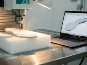 CNC-freesmachine snijdt orthopedische inlegzool uit schuimblok, laptop met 3D-model op roestvrijstalen werkbank op de achtergrond.