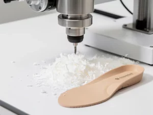Compacte CNC-freesmachine snijdt een orthopedische inlegzool uit wit schuimmateriaal op een klinische werkbank.