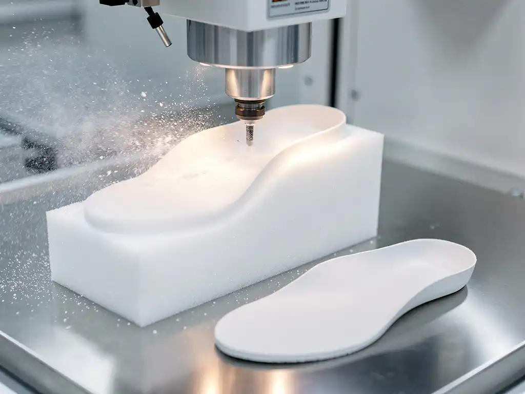 CNC-freesmachine snijdt orthopedische inlegzool uit medisch schuim, afgewerkt exemplaar op roestvrijstalen ondergrond.