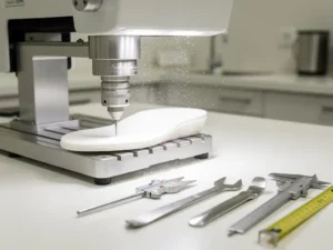 CNC-freesmachine snijdt nauwkeurig een witte orthopedische inlegzoolblank, schuimstofdeeltjes zichtbaar in klinische werkruimte.