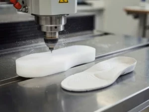CNC-freesmachine snijdt aangepaste orthopedische inlegzool uit wit schuimblok, afgewerkte inlegzool op stalen werkblad.