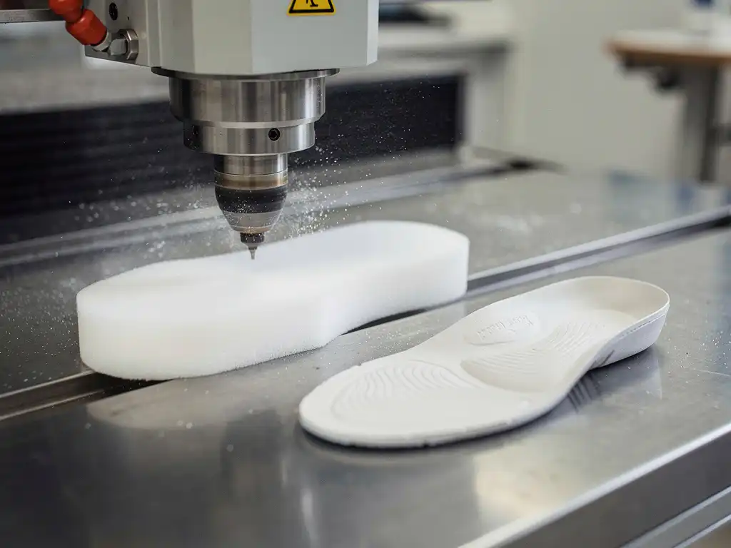 CNC-freesmachine snijdt aangepaste orthopedische inlegzool uit wit schuimblok, afgewerkte inlegzool op stalen werkblad.