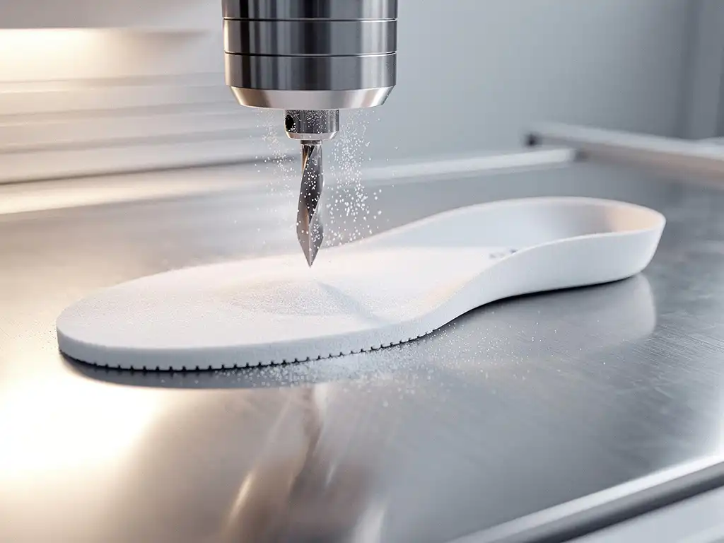 CNC-freesmachine snijdt een witte orthopedische inlegzool, met schuimstofdeeltjes in de lucht en een afgewerkte zool op stalen ondergrond.