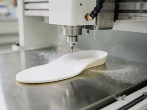 CNC-freesmachine snijdt op maat gemaakt orthopedisch inlegzool uit wit schuimblok, afgewerkte zool op roestvrijstalen ondergrond.
