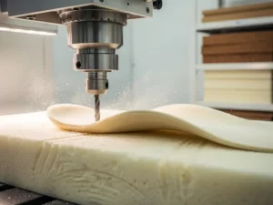 CNC-freesmachine snijdt gebogen orthopedische zool uit schuimblok, fijn wit stof zweeft in de lucht, klinische werkplaatsomgeving.