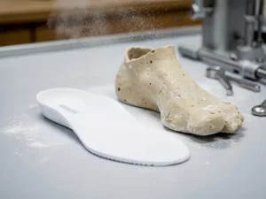 Wit orthopedisch steunzoolmodel naast een gipsen voetmal op een klinische werkbank, omgeven door fijn wit stof na CNC-frezen.
