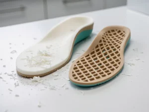 Gefreesd orthopedisch inlegzool naast een 3D-geprint roosterstructuur inlegzool op wit klinisch oppervlak, met EVA-spaanders ernaast.