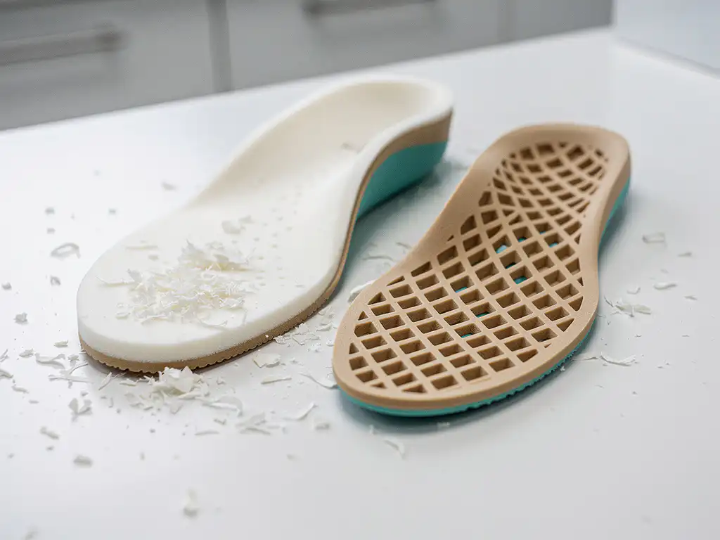Gefreesd orthopedisch inlegzool naast een 3D-geprint roosterstructuur inlegzool op wit klinisch oppervlak, met EVA-spaanders ernaast.