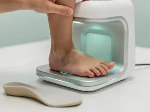 Klein kindervoetstje wordt gescand door witte 3D-voetscanner, met een pediatrische orthopedische inlegzool op klinisch oppervlak.