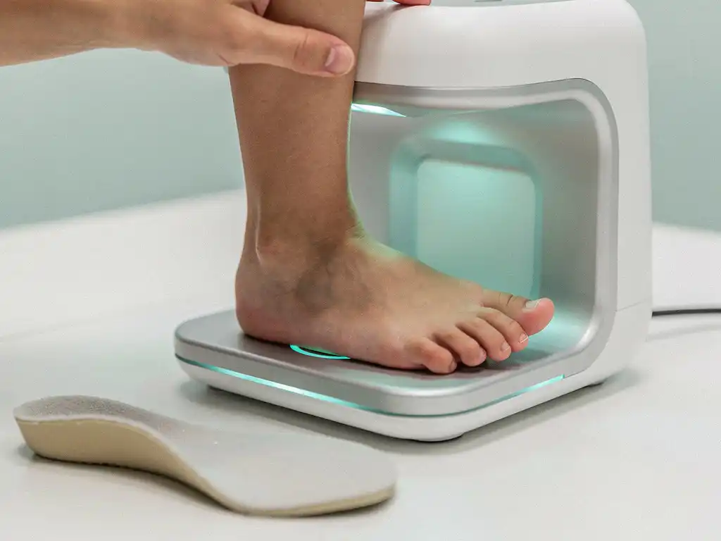 Klein kindervoetstje wordt gescand door witte 3D-voetscanner, met een pediatrische orthopedische inlegzool op klinisch oppervlak.