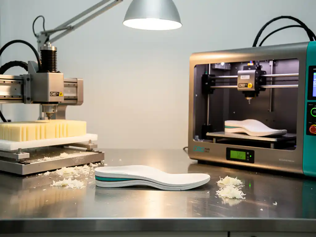 Orthopedische inlegzool in productie tussen CNC-freesmachine en 3D-printer in klinisch witte werkplaats.