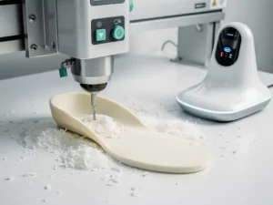 CNC-freesmachine die een op maat gemaakte orthopedische inlegzool friest, met 3D-voetscanner op witte klinische werkbank.
