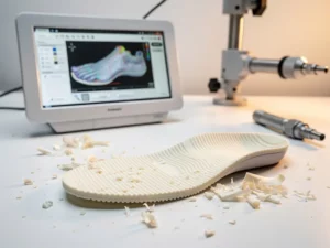 Orthopedische inlegzool naast een 3D-voetscan op klinisch monitor, met EVA-schuimresten op wit laboratoriumoppervlak.