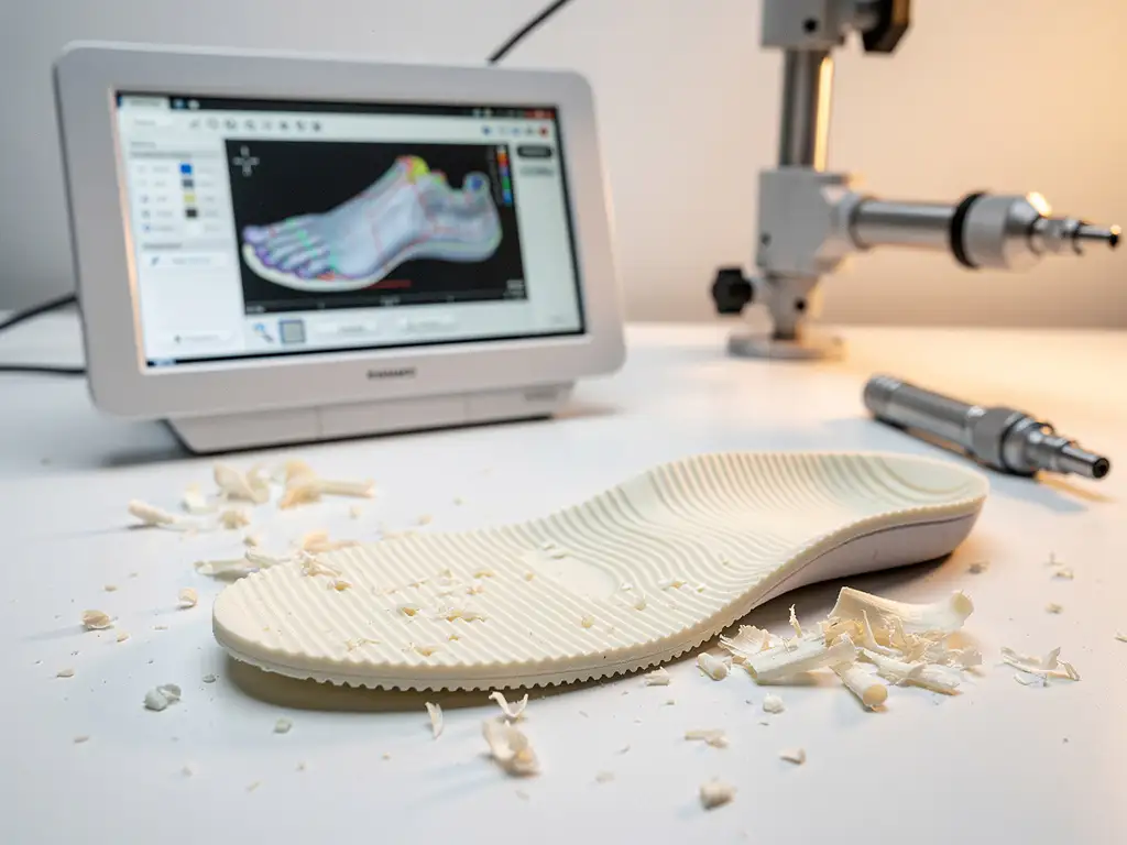 Orthopedische inlegzool naast een 3D-voetscan op klinisch monitor, met EVA-schuimresten op wit laboratoriumoppervlak.