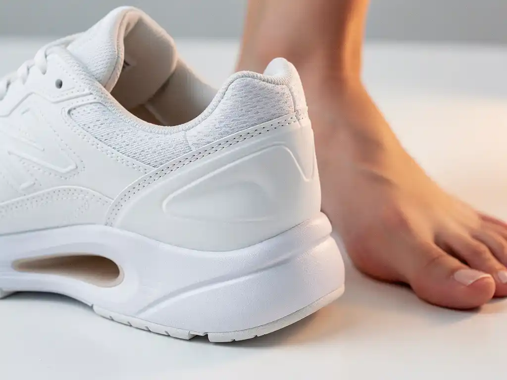 Orthopedische inlegzool met anatomische contour in sportschoen, naast een blote voet op witte ondergrond.