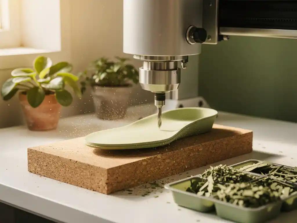 Precisie-freesmachine snijdt een orthopedische inlegzool uit gerecycled kurk, omringd door kleine kamerplanten in een witte werkruimte.