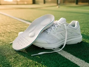 Op maat gemaakte sportinlegzool in een hardloopschoen op een padelbaanoppervlak, met zichtbare gewelfondersteuning.